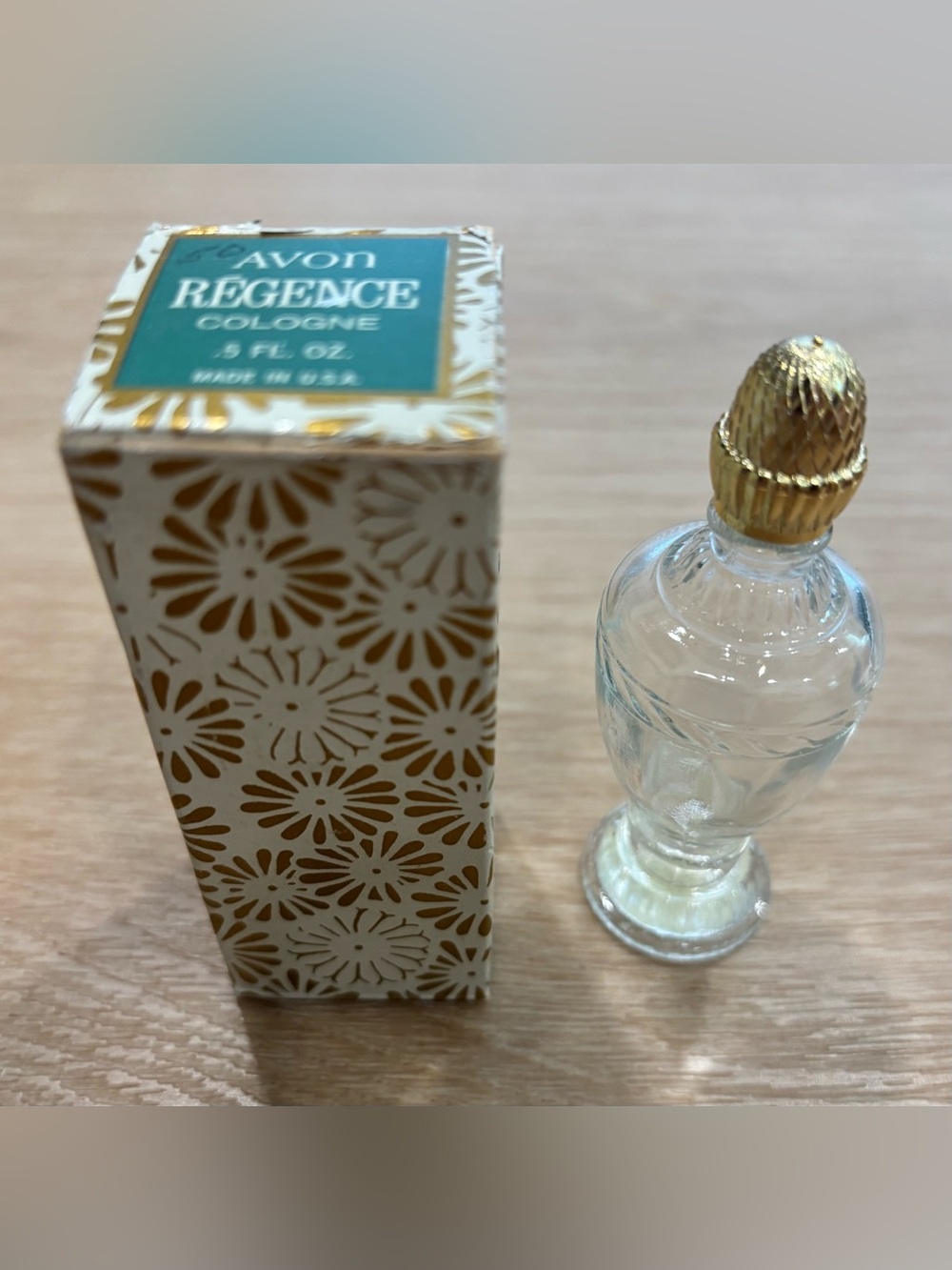 Avon Regence Clear Glass Bottle with Gold Cap and White/Gold Box